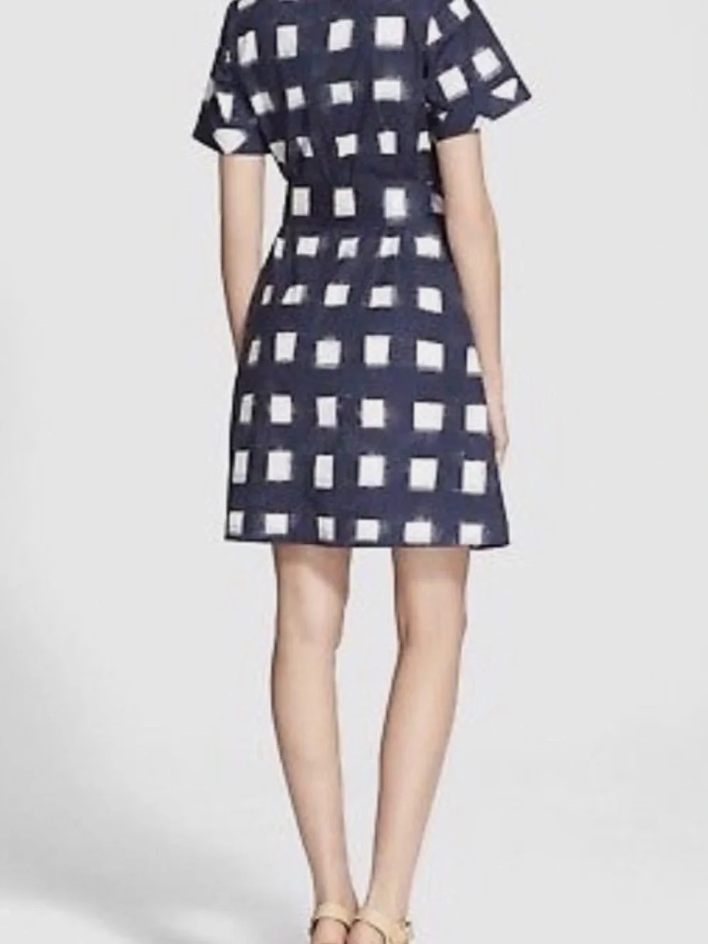 Tory Burch Navy and White Square-Print Short Sleeve Belted Dress Size 12